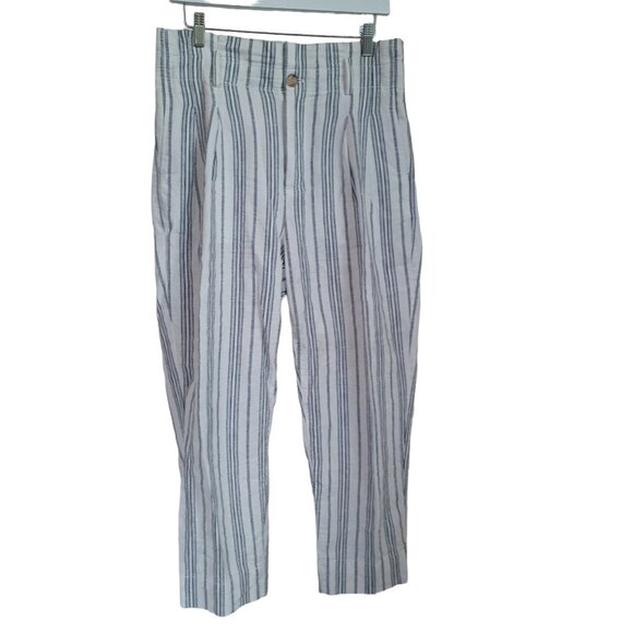 Madewell Pants Linen Cotton Blend Paperbag Waist Baltic Stripe Size 8 - Picture 12 of 13